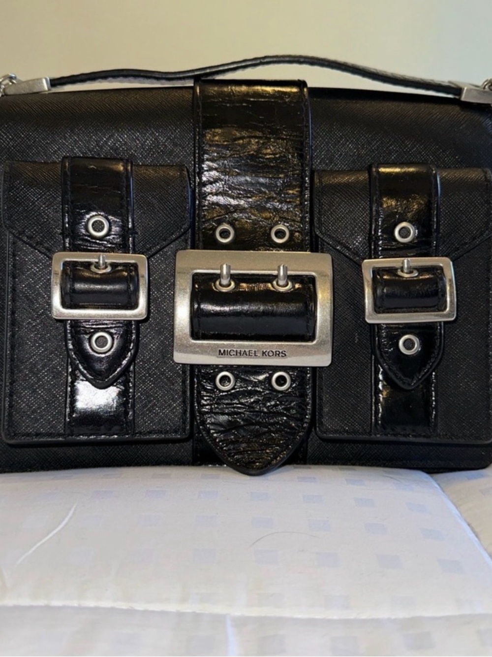 Michael Kors Black Leather Buckle Detail Wristlet
